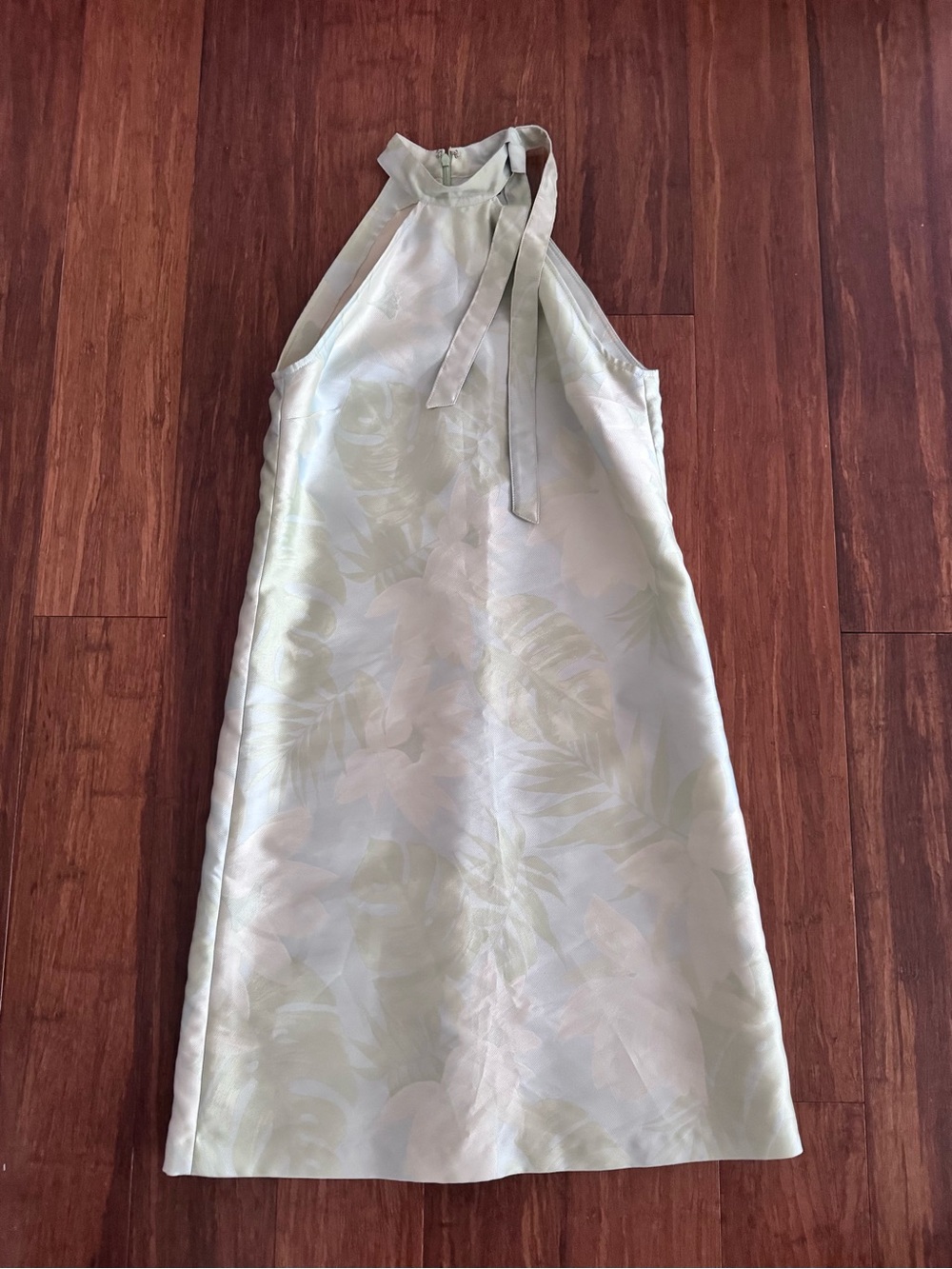 Vintage Floral Jacquard Silk Halter Tie Bow Shift Cocktail Mini Dress Leaf Green - Picture 2 of 10